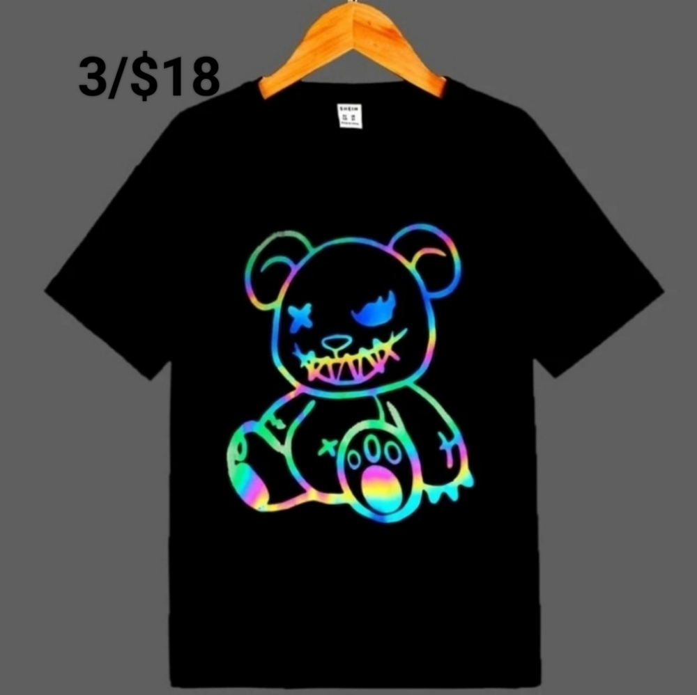 Reflective teddy bear t-shirt. Black with reflective quality in lighting. New!